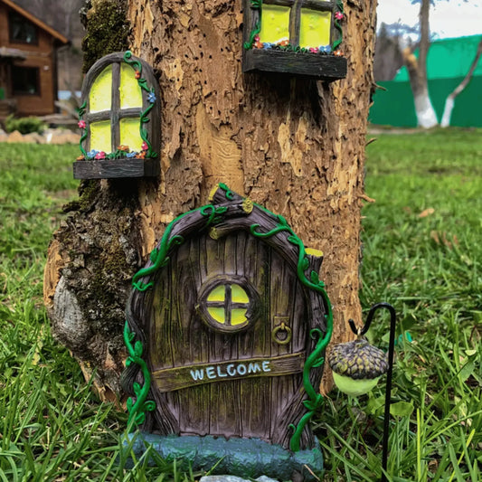 Enchanted Fairy Garden Door Set with Windows and Lamp