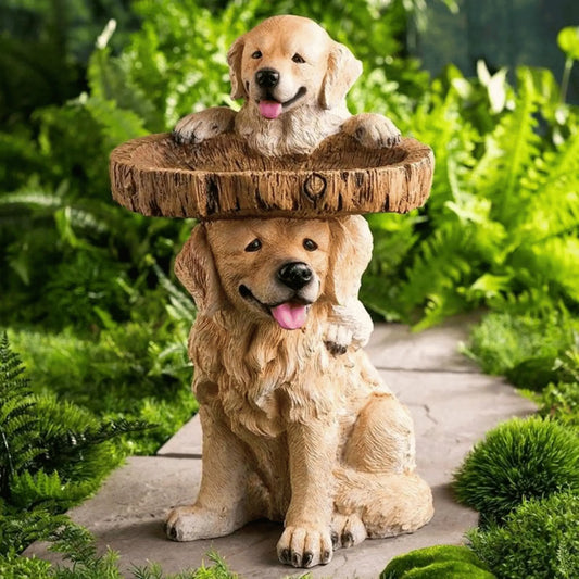 Golden Retriever Duo Bird Bath Statue - Decorative Garden Ornament