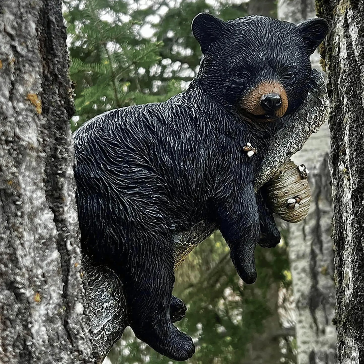 Sleepy Black Bear Tree Sculpture - Charming Garden Accent